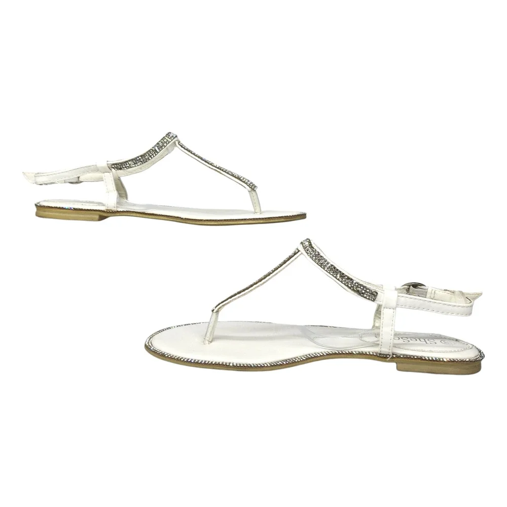 White Sparkly Sandals Rhinestones Embellished Dressy Thong Ankle Strap Womens 36 - Picture 2 of 12